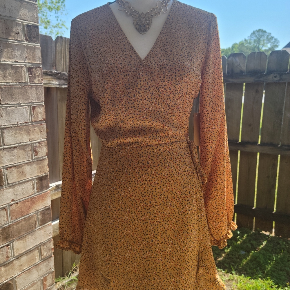 Mustard Ruffle Wrap Dress - Picture 2 of 8
